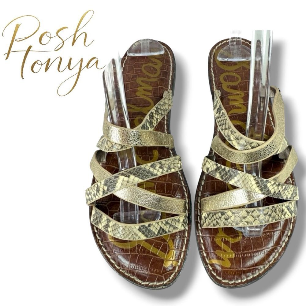 Sam Edelman Giana Strappy Leather Slide Sandals Gold Python Sz 7.5 Coastal Chic